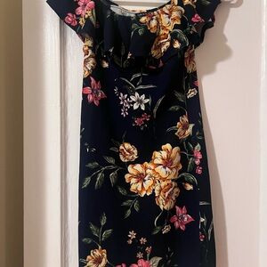 Love Tree Navy Floral Ruffle Off-Shoulder Mini Dress